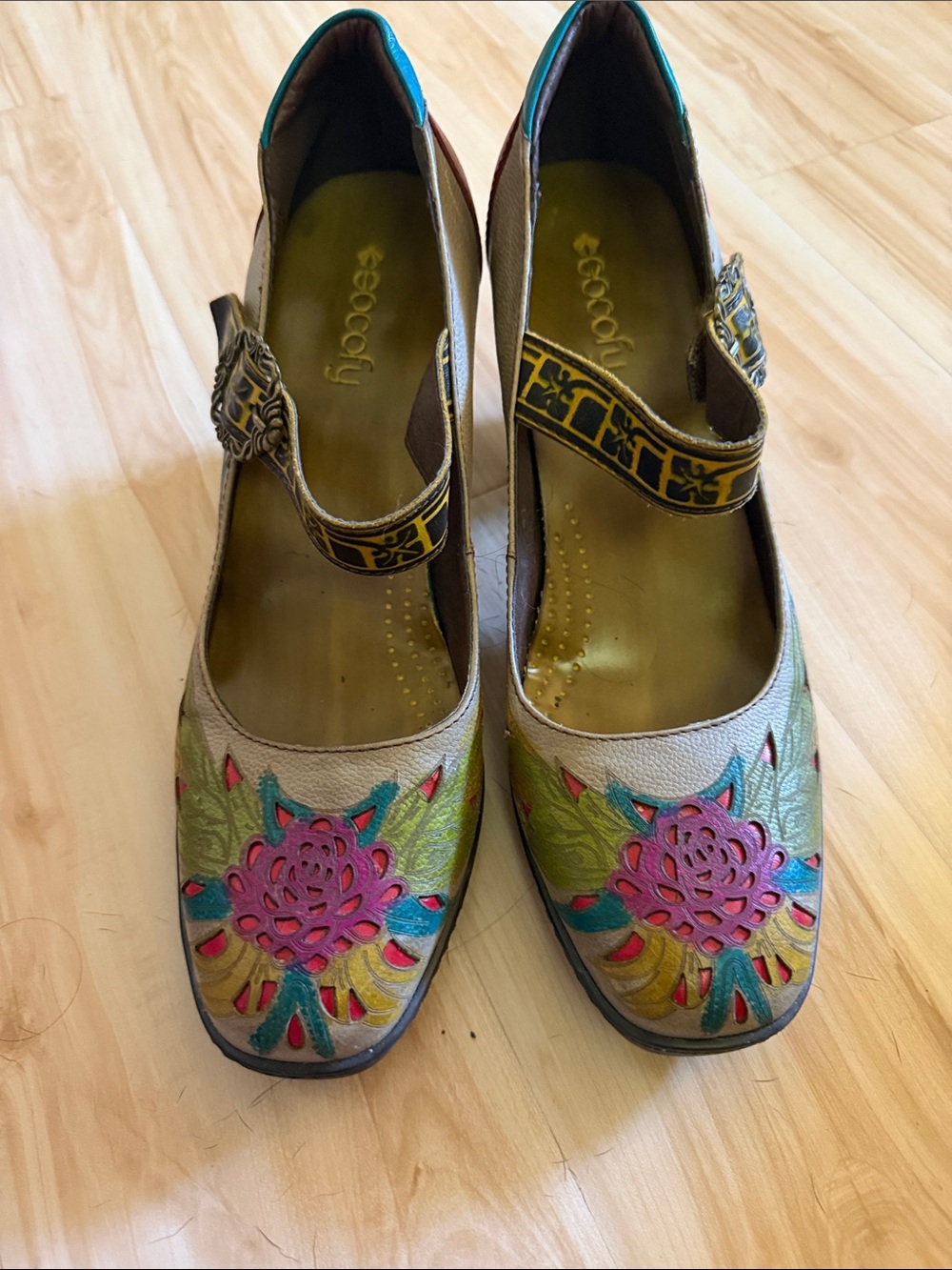 Embroidered Floral Mary Jane Heels in Beige with Pink & Teal Accents